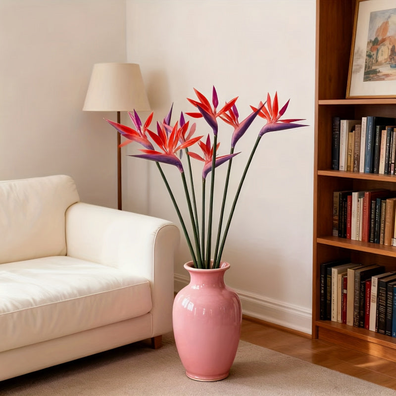 Artificial Bird of Paradise Flowers – 5-Stem Faux Strelitzia Bouquet with Orange & Purple Petals, Lifelike Plastic Stems for Home, Office & Wedding Table Centerpieces