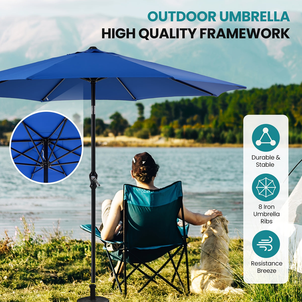 8-Rib 9FT Patio Umbrella with Tilt & Crank – Sun Shade Outdoor Market Umbrella for Patio, Beach & Restaurant, Red & Khaki