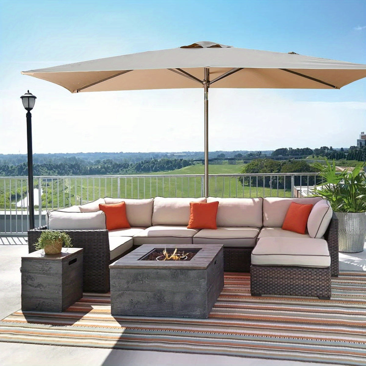 6.5 x 10ft Rectangular Patio Umbrella with Aluminum Pole Crank 6 Steel Ribs Polyester Canopy Outdoor Market Table Umbrella UV Protection