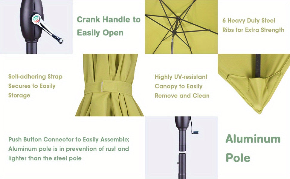 6.5 x 10ft Rectangular Patio Umbrella with Aluminum Pole Crank 6 Steel Ribs Polyester Canopy Outdoor Market Table Umbrella UV Protection
