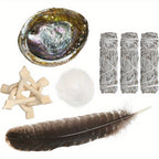 White Sage Smudge Kit 6-Piece Complete Altar Set – 4" Sage Sticks, Abalone Shell, Carved Cobra Tripod Stand, Turkey Feather, White Sand & Blessing Card for Cleansing & Meditation