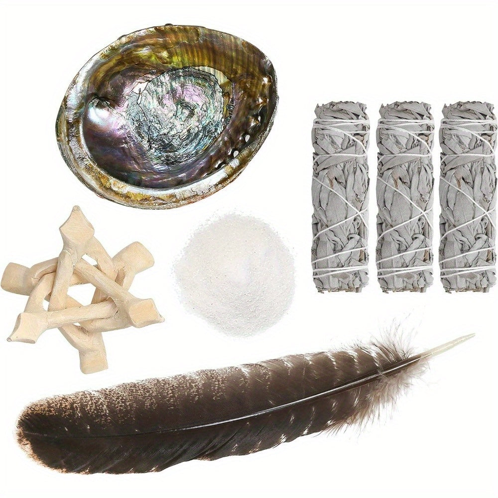 White Sage Smudge Kit 6-Piece Complete Altar Set – 4" Sage Sticks, Abalone Shell, Carved Cobra Tripod Stand, Turkey Feather, White Sand & Blessing Card for Cleansing & Meditation