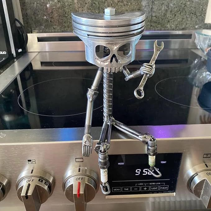 Piston Skull Sculpture with Gear Base Wrench Design Handmade Art Oddities Curiosities Car Enthusiast Home Office Desk Decor Gift