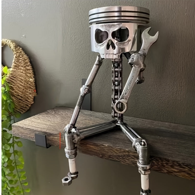 Piston Skull Sculpture with Gear Base Wrench Design Handmade Art Oddities Curiosities Car Enthusiast Home Office Desk Decor Gift