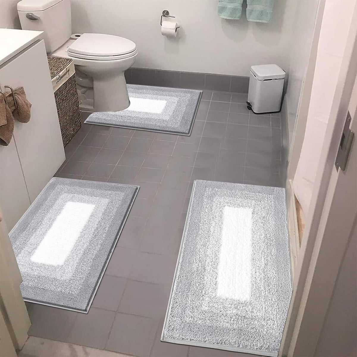 Bathroom Rug Set 3 Piece Plush Shaggy Non-Slip Absorbent Microfiber Bath Mat with U-Shaped Contour Toilet Mat – Multiple Colors & Sizes for Tub, Shower & Bathroom Floor