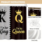 King Queen Shower Curtain Set 4pcs – Bathroom Curtain with 12 Hooks, Non-Slip Rug, Toilet U-Shape Mat & Lid Cover, Modern Bathroom Accessories