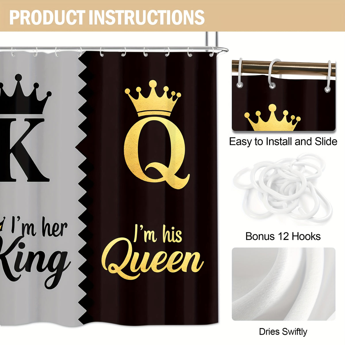 King Queen Shower Curtain Set 4pcs – Bathroom Curtain with 12 Hooks, Non-Slip Rug, Toilet U-Shape Mat & Lid Cover, Modern Bathroom Accessories