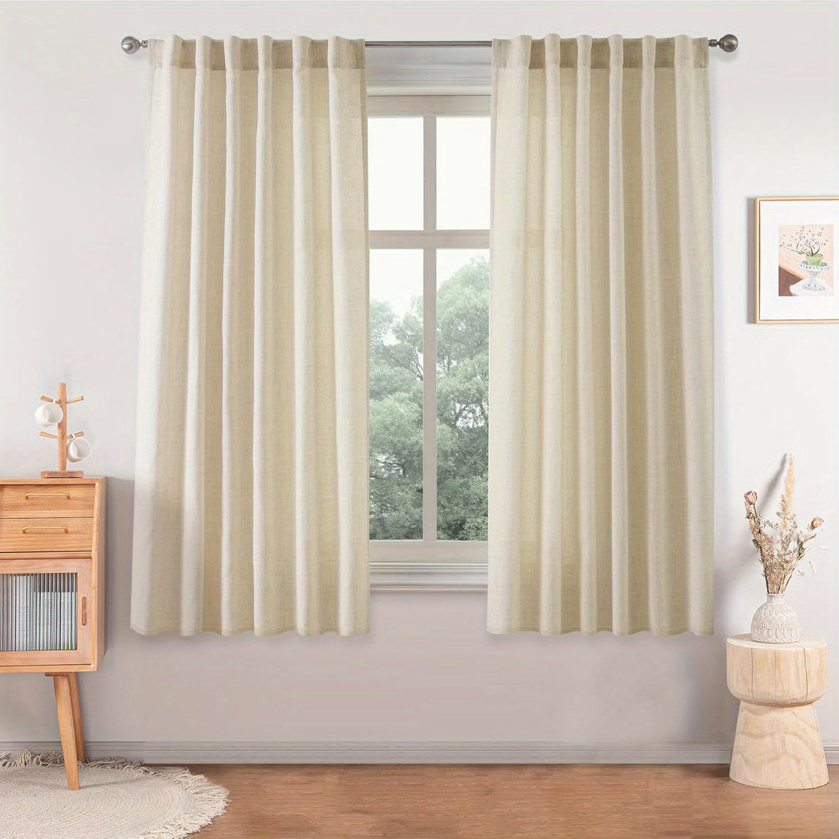 Semi-Sheer Linen Curtains - 2 Panel Set | French Country Boho Rustic | Light Filtering, Privacy, Back Tab & Rod Pocket | Machine Washable