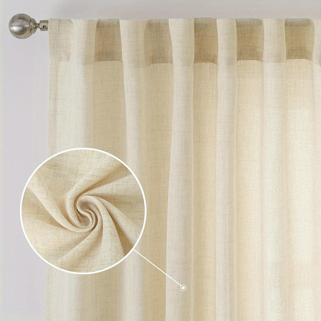 Semi-Sheer Linen Curtains - 2 Panel Set | French Country Boho Rustic | Light Filtering, Privacy, Back Tab & Rod Pocket | Machine Washable