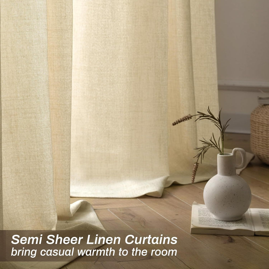 Semi-Sheer Linen Curtains - 2 Panel Set | French Country Boho Rustic | Light Filtering, Privacy, Back Tab & Rod Pocket | Machine Washable