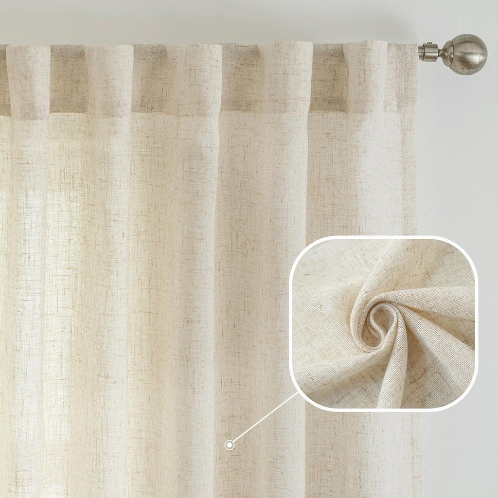 Semi-Sheer Linen Curtains - 2 Panel Set | French Country Boho Rustic | Light Filtering, Privacy, Back Tab & Rod Pocket | Machine Washable