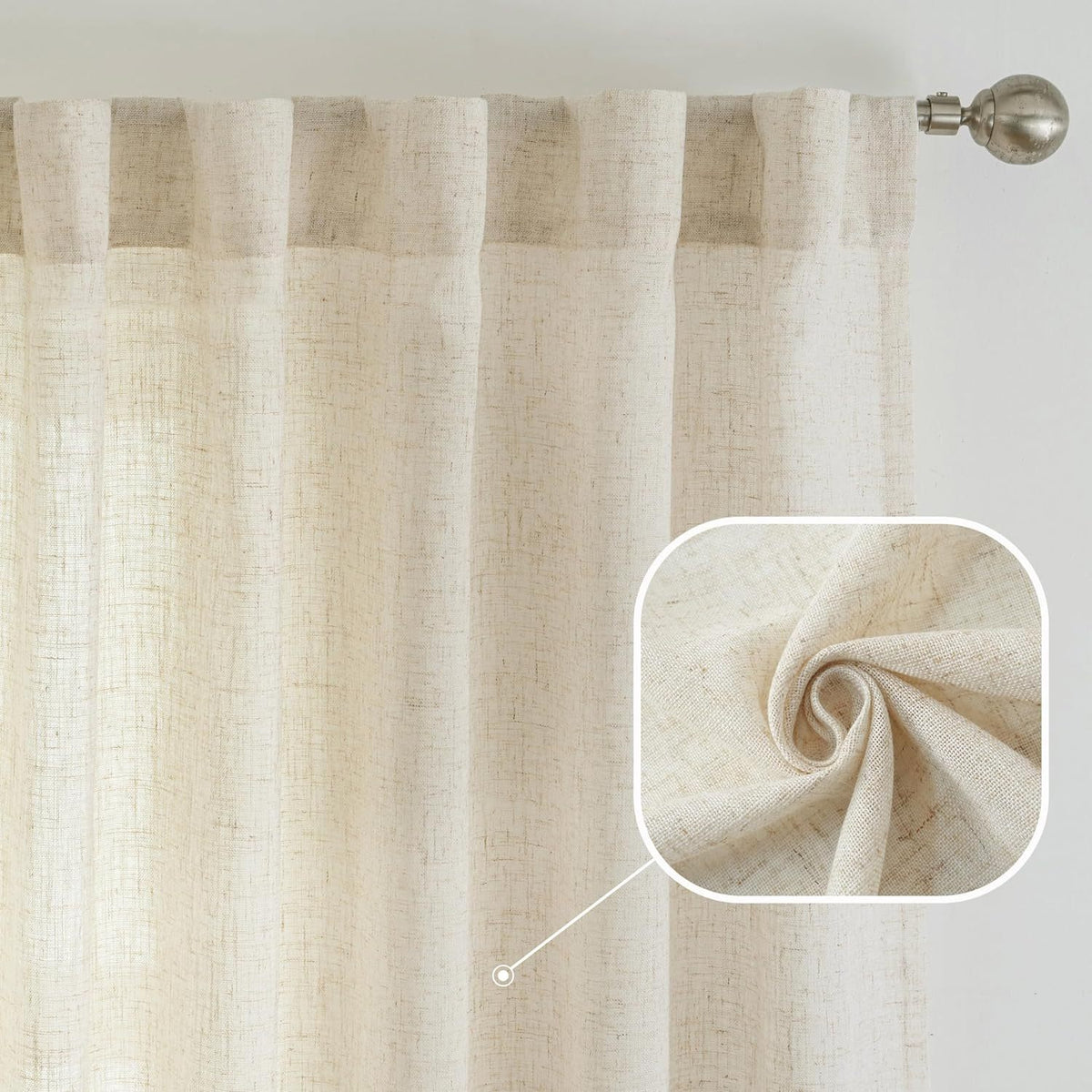 Semi-Sheer Linen Curtains - 2 Panel Set | French Country Boho Rustic | Light Filtering, Privacy, Back Tab & Rod Pocket | Machine Washable