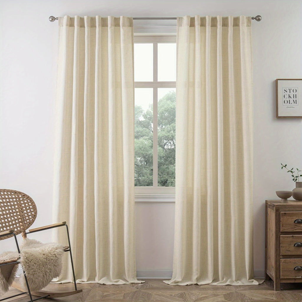 Semi-Sheer Linen Curtains - 2 Panel Set | French Country Boho Rustic | Light Filtering, Privacy, Back Tab & Rod Pocket | Machine Washable