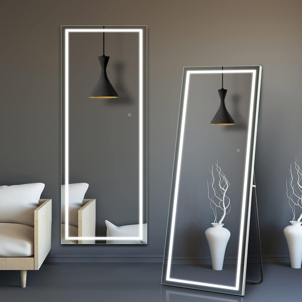 Smart LED Touch Sensor Full-Length Mirror with Adjustable Brightness – Wall-Mount & Freestanding Slim Modern Frame for Vanity, Bedroom & Dressing Room Lighting