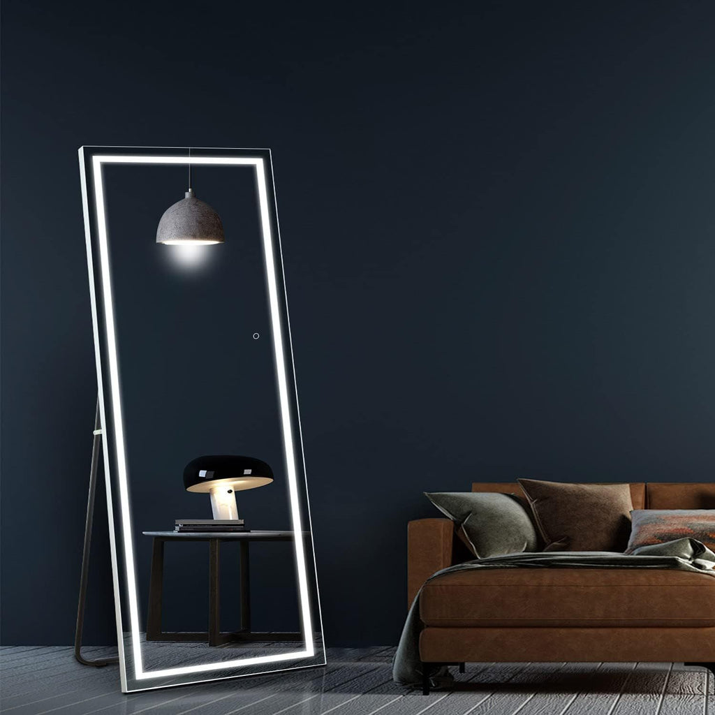 Smart LED Touch Sensor Full-Length Mirror with Adjustable Brightness – Wall-Mount & Freestanding Slim Modern Frame for Vanity, Bedroom & Dressing Room Lighting