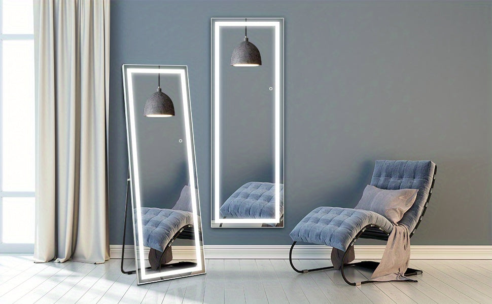 Smart LED Touch Sensor Full-Length Mirror with Adjustable Brightness – Wall-Mount & Freestanding Slim Modern Frame for Vanity, Bedroom & Dressing Room Lighting