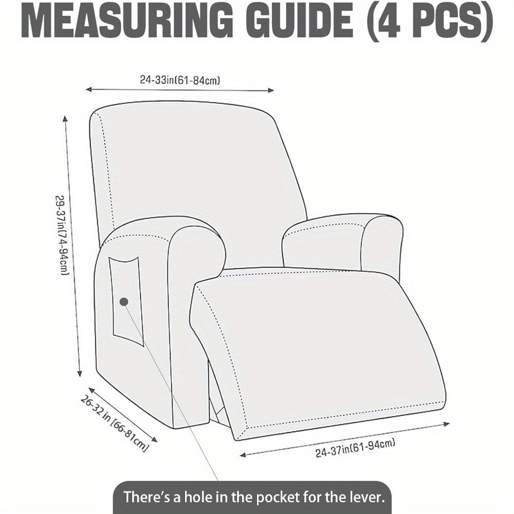 Velvet Recliner Chair Cover 4-Piece Set with Armrest Covers & Storage Bag | Soft Stretch Elastic Slipcover Furniture Protector for Single Recliner, Light Grey
