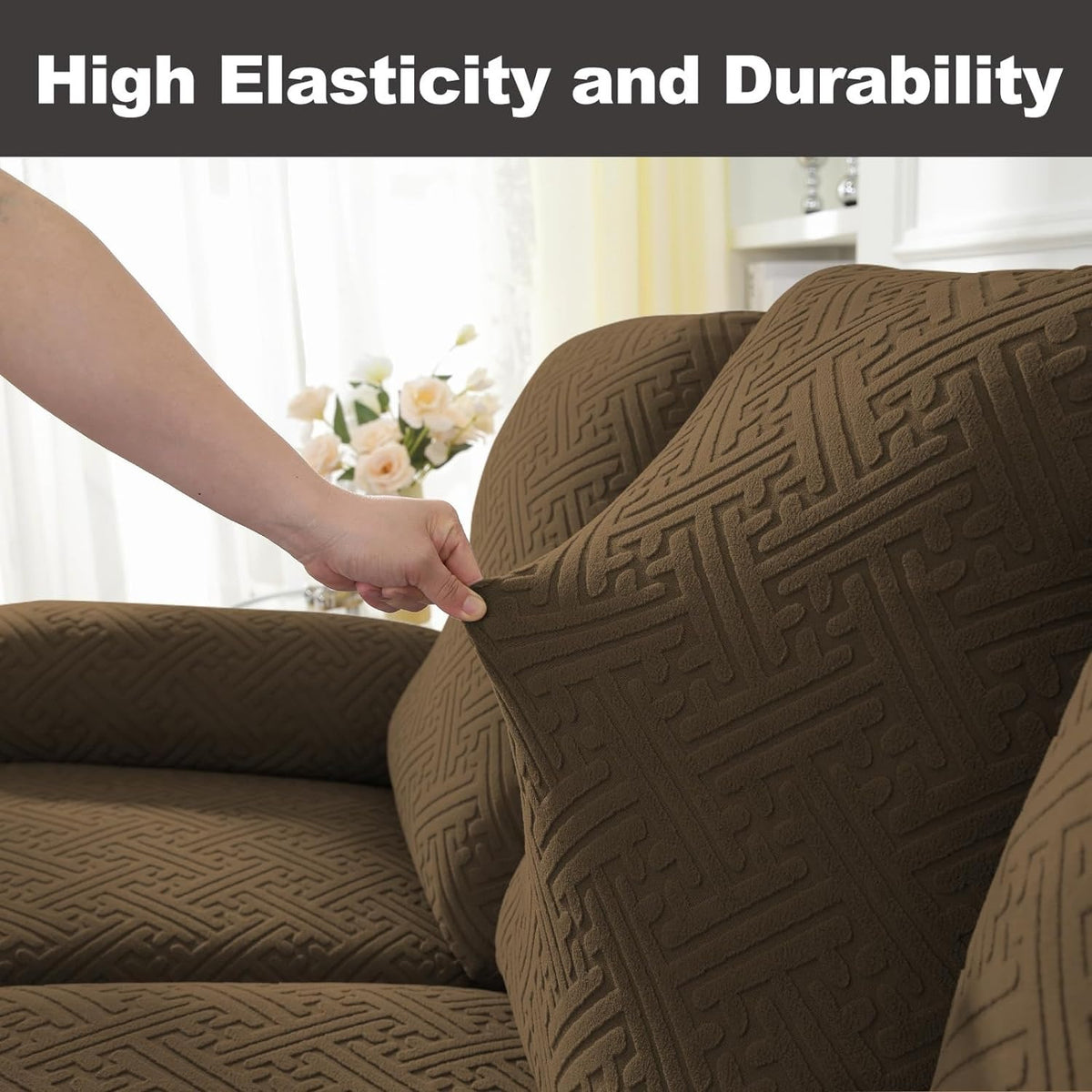 Recliner Chair Cover Stretchy Quilted Slipcover – Lazy Boy Recliner Protector with Elastic Band, 500g Polar Fleece, Khaki & Dark Grey, Machine Washable Furniture Cover