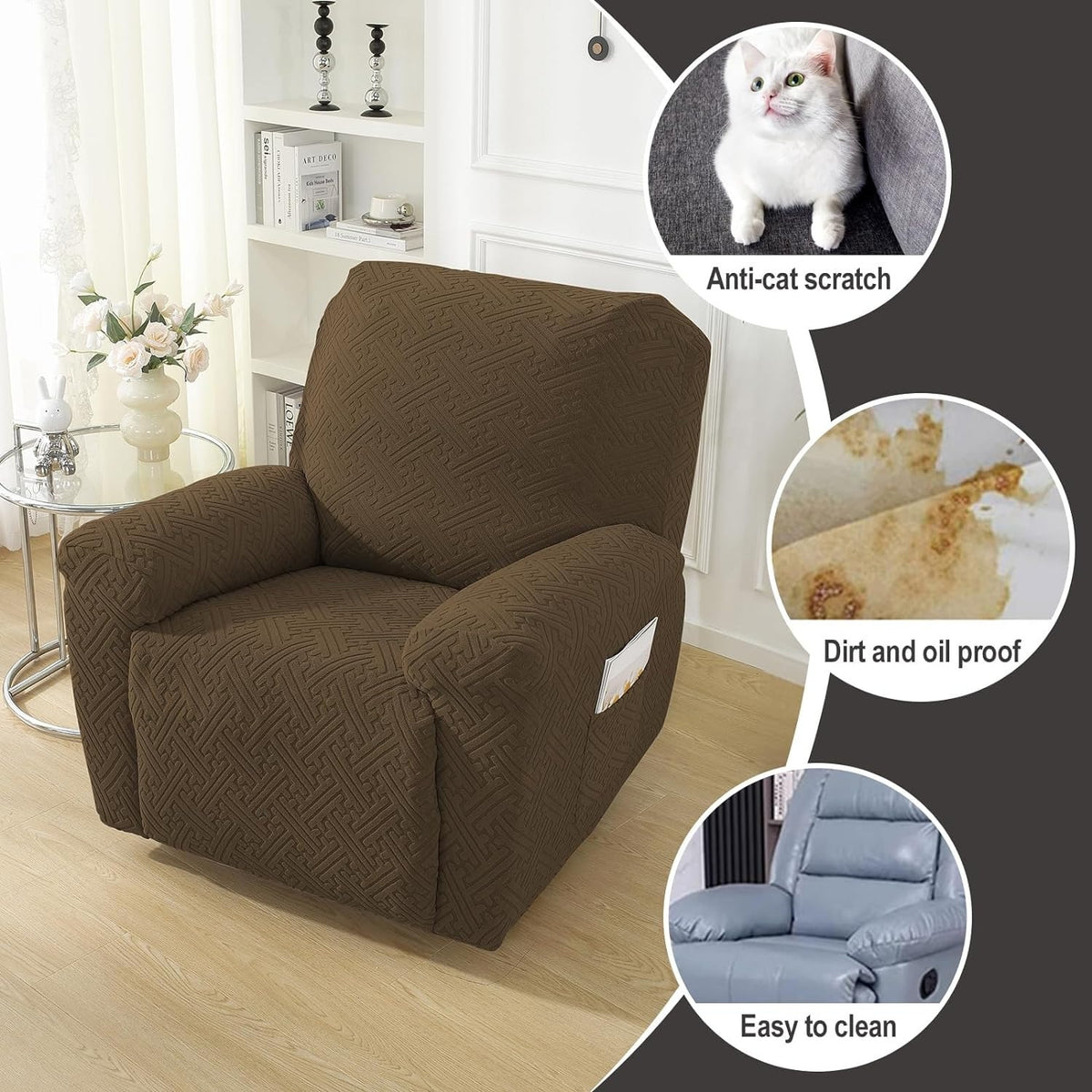 Recliner Chair Cover Stretchy Quilted Slipcover – Lazy Boy Recliner Protector with Elastic Band, 500g Polar Fleece, Khaki & Dark Grey, Machine Washable Furniture Cover