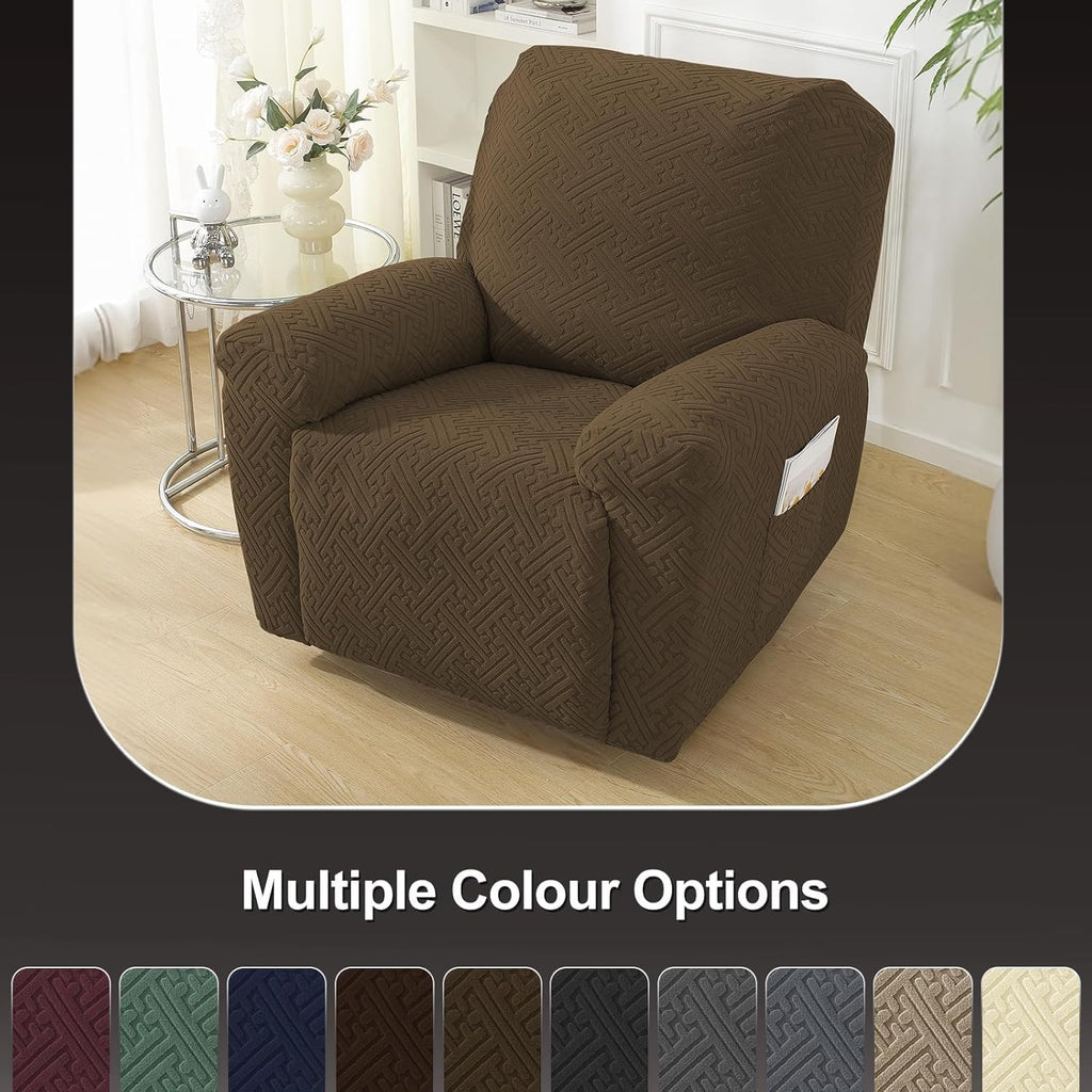 Recliner Chair Cover Stretchy Quilted Slipcover – Lazy Boy Recliner Protector with Elastic Band, 500g Polar Fleece, Khaki & Dark Grey, Machine Washable Furniture Cover