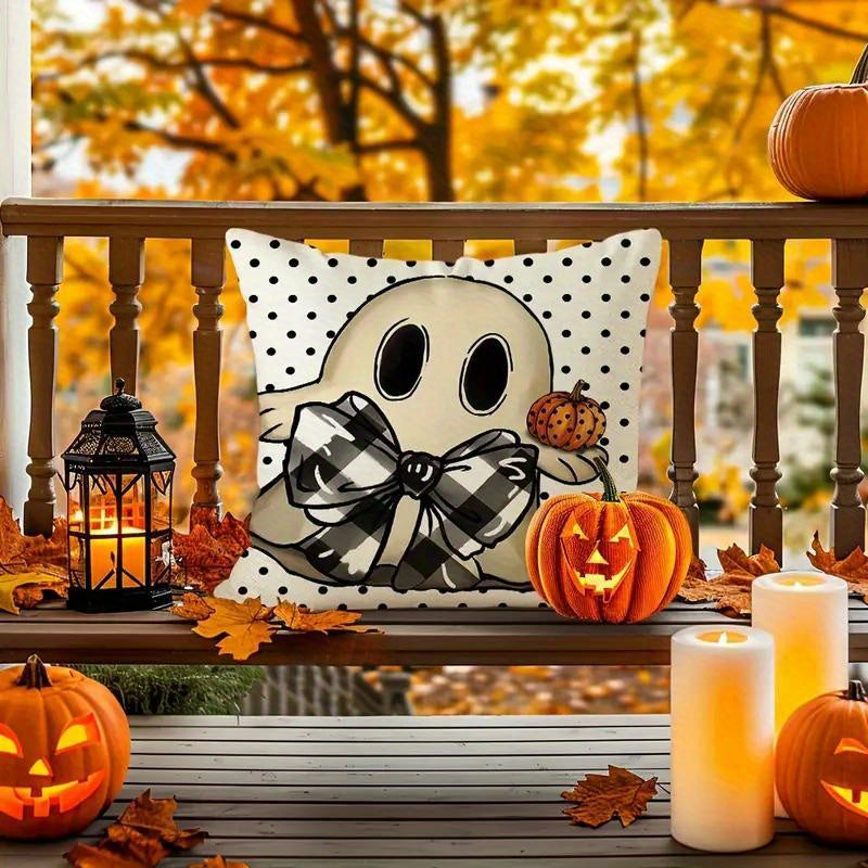 Halloween Pillow Covers Set of 4 Pumpkin Ghost Plaid Linen Throw Pillow Cases – Farmhouse Polka Dot Decorative Cushion Covers for Sofa Bedroom Office Car, Spooky Season Home Decor