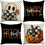 Halloween Pillow Covers Set of 4 Pumpkin Ghost Plaid Linen Throw Pillow Cases – Farmhouse Polka Dot Decorative Cushion Covers for Sofa Bedroom Office Car, Spooky Season Home Decor