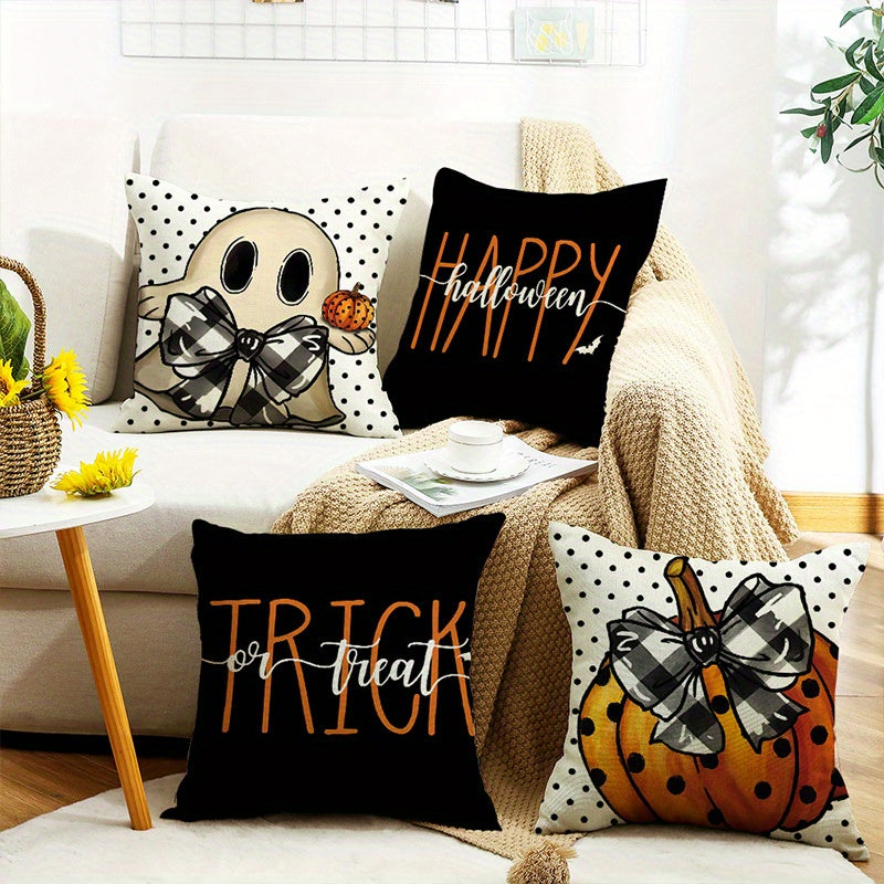 Halloween Pillow Covers Set of 4 Pumpkin Ghost Plaid Linen Throw Pillow Cases – Farmhouse Polka Dot Decorative Cushion Covers for Sofa Bedroom Office Car, Spooky Season Home Decor