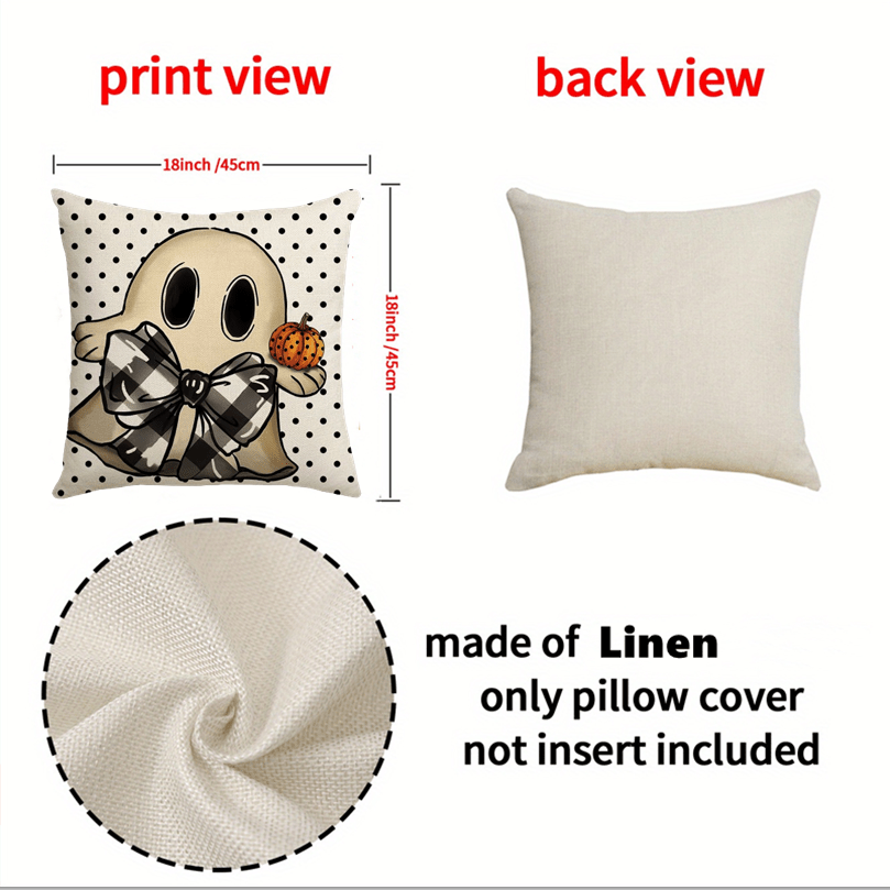 Halloween Pillow Covers Set of 4 Pumpkin Ghost Plaid Linen Throw Pillow Cases – Farmhouse Polka Dot Decorative Cushion Covers for Sofa Bedroom Office Car, Spooky Season Home Decor