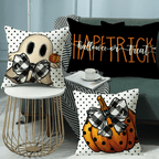 Halloween Pillow Covers Set of 4 Pumpkin Ghost Plaid Linen Throw Pillow Cases – Farmhouse Polka Dot Decorative Cushion Covers for Sofa Bedroom Office Car, Spooky Season Home Decor