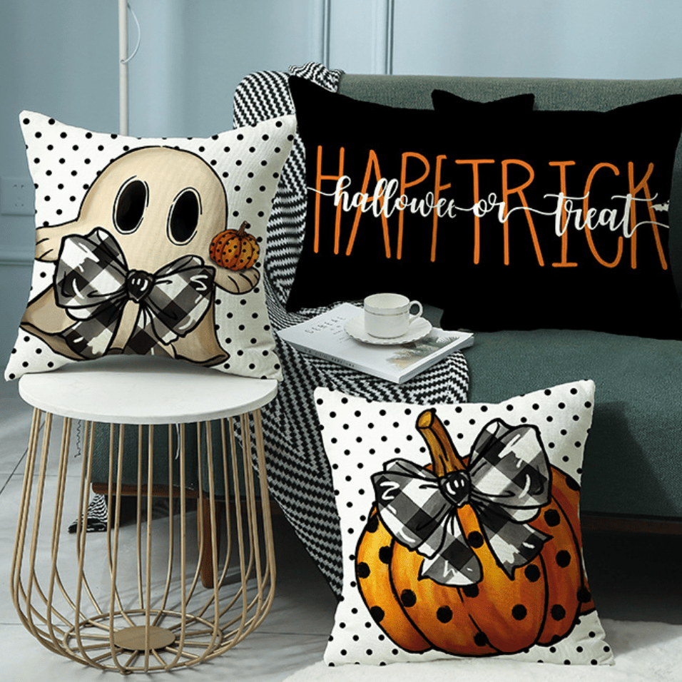 Halloween Pillow Covers Set of 4 Pumpkin Ghost Plaid Linen Throw Pillow Cases – Farmhouse Polka Dot Decorative Cushion Covers for Sofa Bedroom Office Car, Spooky Season Home Decor