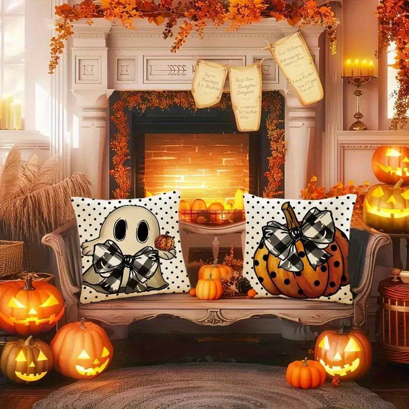 Halloween Pillow Covers Set of 4 Pumpkin Ghost Plaid Linen Throw Pillow Cases – Farmhouse Polka Dot Decorative Cushion Covers for Sofa Bedroom Office Car, Spooky Season Home Decor