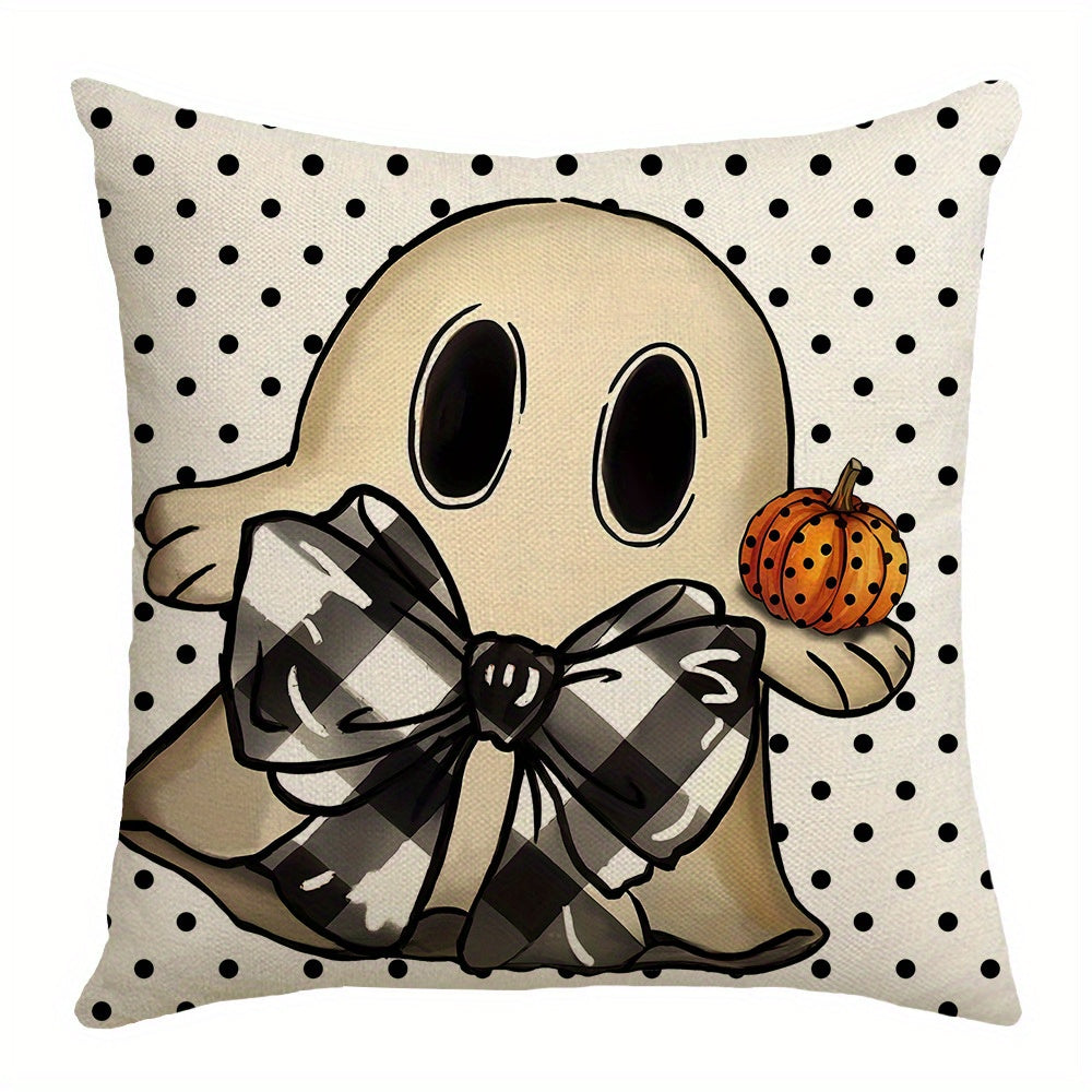 Halloween Pillow Covers Set of 4 Pumpkin Ghost Plaid Linen Throw Pillow Cases – Farmhouse Polka Dot Decorative Cushion Covers for Sofa Bedroom Office Car, Spooky Season Home Decor
