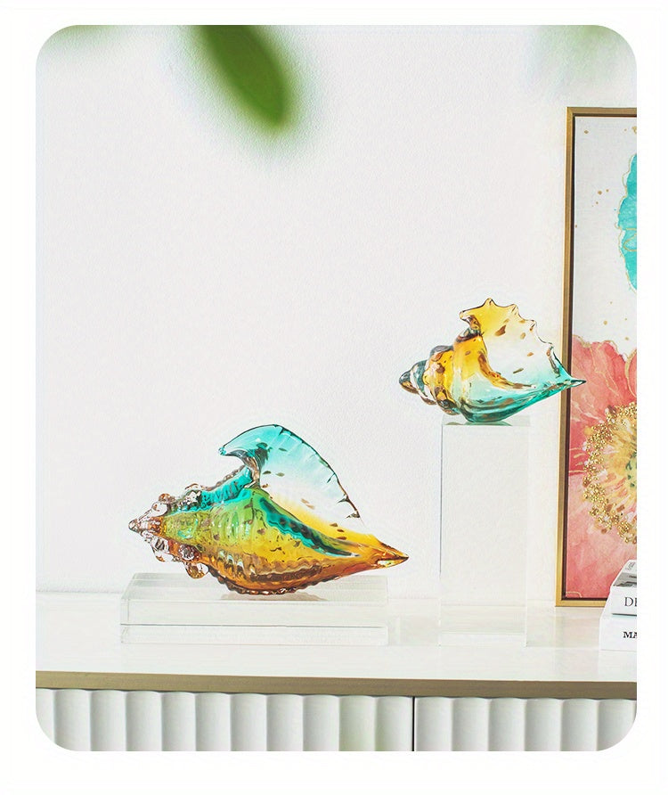 Handmade Glass Conch Art Decoration – Ocean Series Collectible Glass Seashell Sculpture, Tabletop Candy Dish Centerpiece for Bookshelf Dining Table Entryway Living Room Cabinet Home Decor