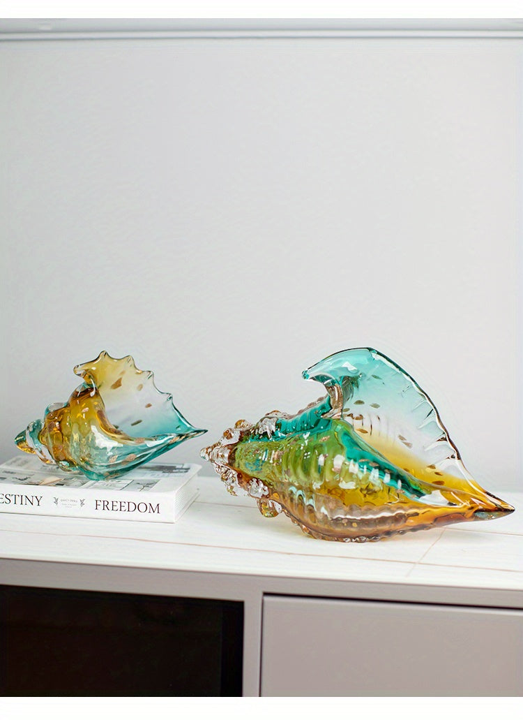 Handmade Glass Conch Art Decoration – Ocean Series Collectible Glass Seashell Sculpture, Tabletop Candy Dish Centerpiece for Bookshelf Dining Table Entryway Living Room Cabinet Home Decor