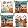 4-Piece Farmhouse Thanksgiving Pillow Covers – Pumpkin & Maple Leaf Buffalo Plaid Cushion Cases, Thankful Blessed Sweet Home Harvest Decor for Living Room, Bedroom & Entryway, No Inserts