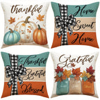 4-Piece Farmhouse Thanksgiving Pillow Covers – Pumpkin & Maple Leaf Buffalo Plaid Cushion Cases, Thankful Blessed Sweet Home Harvest Decor for Living Room, Bedroom & Entryway, No Inserts