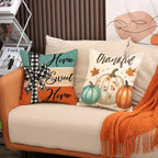 4-Piece Farmhouse Thanksgiving Pillow Covers – Pumpkin & Maple Leaf Buffalo Plaid Cushion Cases, Thankful Blessed Sweet Home Harvest Decor for Living Room, Bedroom & Entryway, No Inserts