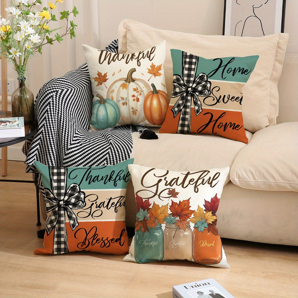 4-Piece Farmhouse Thanksgiving Pillow Covers – Pumpkin & Maple Leaf Buffalo Plaid Cushion Cases, Thankful Blessed Sweet Home Harvest Decor for Living Room, Bedroom & Entryway, No Inserts