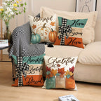 4-Piece Farmhouse Thanksgiving Pillow Covers – Pumpkin & Maple Leaf Buffalo Plaid Cushion Cases, Thankful Blessed Sweet Home Harvest Decor for Living Room, Bedroom & Entryway, No Inserts