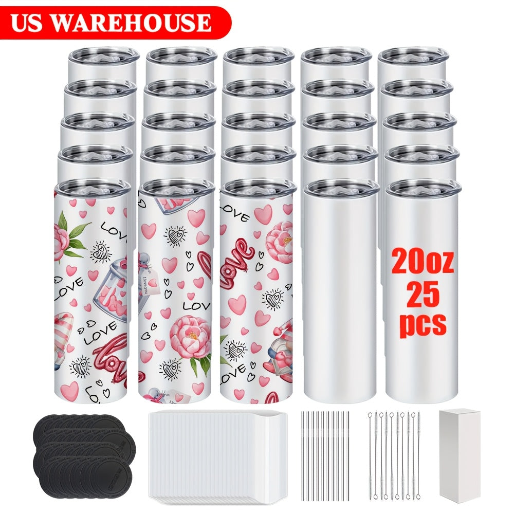 20oz Sublimation Tumbler Blanks with Lids & Straws – Stainless Steel Double Wall Insulated, White Gift Box, Bulk 8/10/25/50 Pack for Heat Press & DIY Gifts