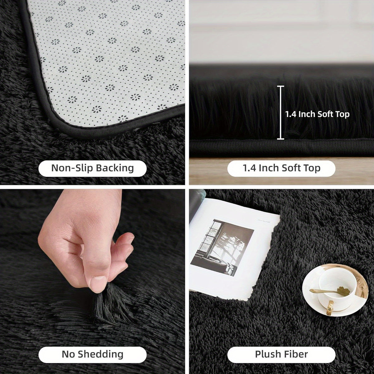 Black Fluffy Shag Area Rug – Ultra Soft Plush Non-Slip Non-Shedding Indoor Carpet for Living Room, Bedroom & Playroom – 4 Sizes