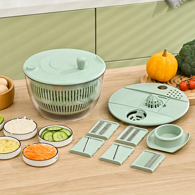 Salad Spinner & Vegetable Dehydrator with Slicer Multifunctional Fruit Spin Dryer Slicer for Lettuce Herbs Potatoes - Kitchen Salad Maker Washing Drying Slicing Tool, Green