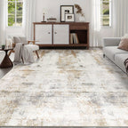Modern Abstract Area Rug – Non-Slip Rubber Backing Washable Low Pile Rug for Bedroom Kitchen Entryway Dorm | Beige & Camel, 3 Sizes