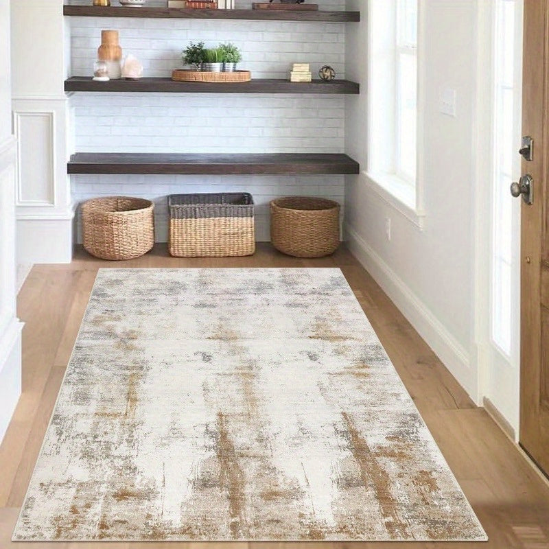Modern Abstract Area Rug – Non-Slip Rubber Backing Washable Low Pile Rug for Bedroom Kitchen Entryway Dorm | Beige & Camel, 3 Sizes