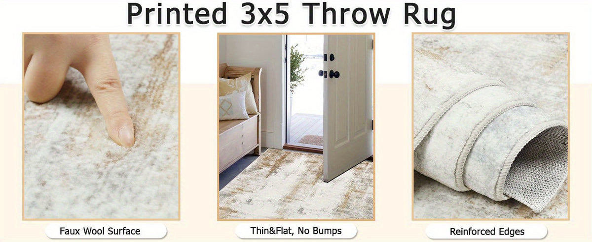 Modern Abstract Area Rug – Non-Slip Rubber Backing Washable Low Pile Rug for Bedroom Kitchen Entryway Dorm | Beige & Camel, 3 Sizes
