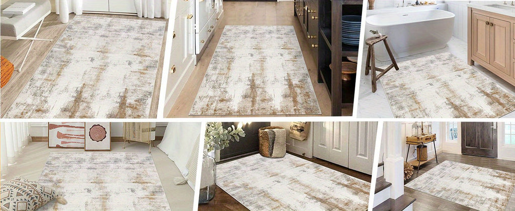 Modern Abstract Area Rug – Non-Slip Rubber Backing Washable Low Pile Rug for Bedroom Kitchen Entryway Dorm | Beige & Camel, 3 Sizes