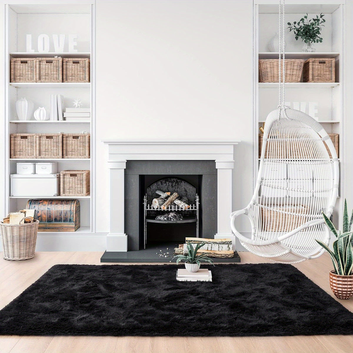 Black Fluffy Shag Area Rug Thick Soft Fuzzy Bedroom Rug Living Room Carpet 4x6 5x8 6x9 8x10 Ft Cute Room Decor