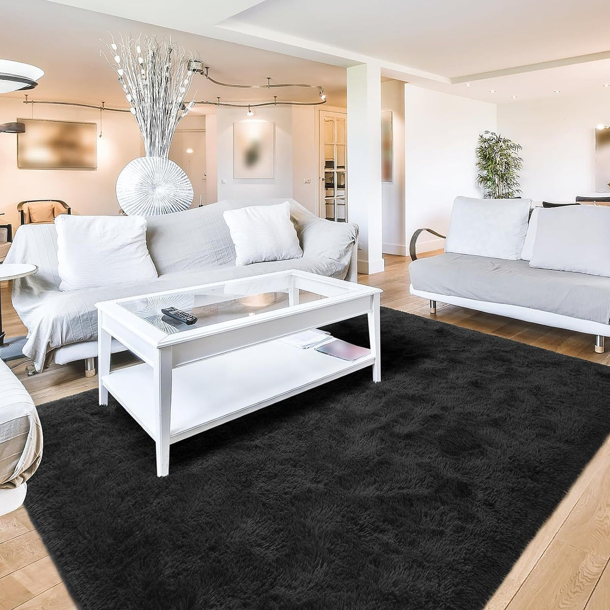 Black Fluffy Shag Area Rug Thick Soft Fuzzy Bedroom Rug Living Room Carpet 4x6 5x8 6x9 8x10 Ft Cute Room Decor