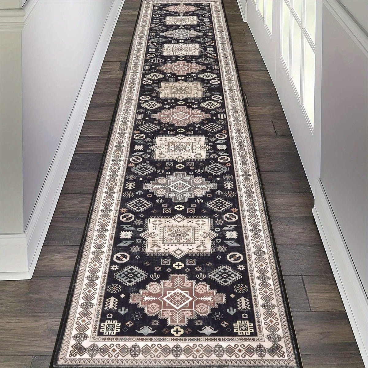 Runner Rug Washable Vintage Distressed Non-Slip Low Pile – Non-Shedding Hallway Kitchen Entryway Mat | 2 Sizes 2 Colors