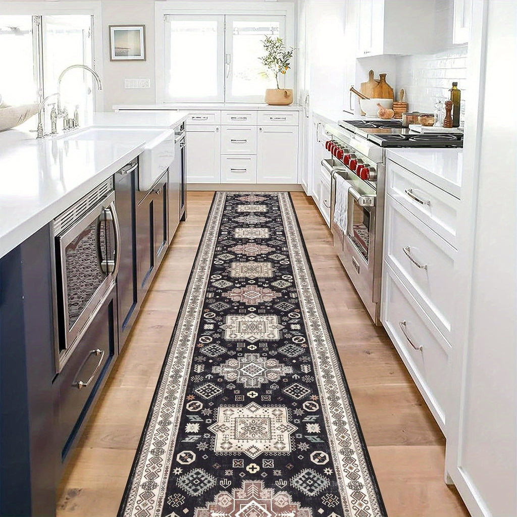 Runner Rug Washable Vintage Distressed Non-Slip Low Pile – Non-Shedding Hallway Kitchen Entryway Mat | 2 Sizes 2 Colors